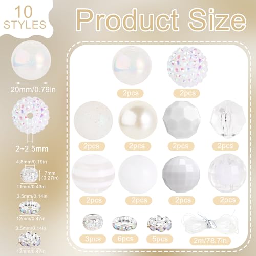 35 Pcs Chunky Bubblegum Beads 20mm Focal Pen Large Rhinestone Pearl Bead with Rhinestone Large Hole European Spacer Bead for DIY Beadable Pen Jewelry Making Keychain Craft Making(White) - color: White