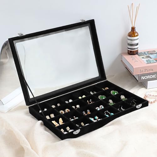 Wudygirl Jewelry Organizer 24 Grid Jewelry Tray with Clear Lid Velvet Jewelry Box Earrings Holder Organizer Jewelry Display Case (Black 24 Grid) - style: 24 Grid Tray