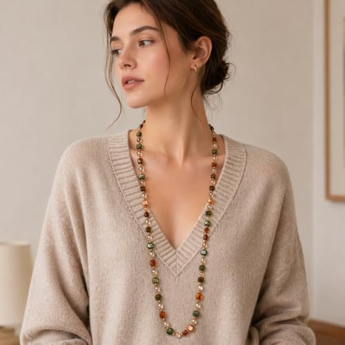 Long Boho Beaded Necklace for Women, Convertible Layered or Single Strand Necklace, Green Brown Irregular Stone Bead Necklace, Vintage Vacation Statement Jewelry