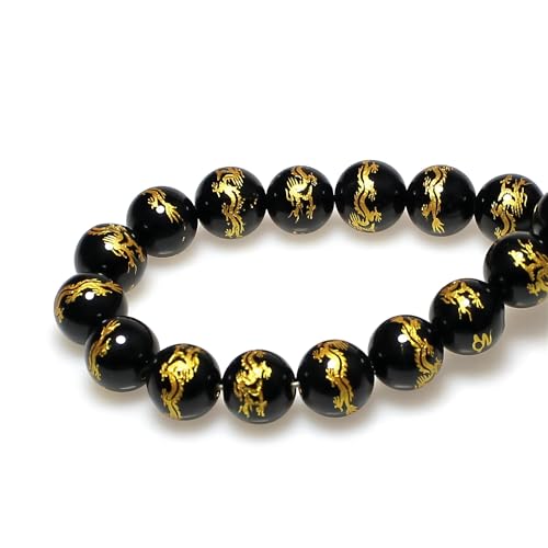 MJDCB Natural Stone Beads 12mm 30pcs Round Black Onyx Carved Dragon Loose Gemstone Bead Charms for Jewelry Making Bracelet Necklace Earring Pendant - color: Black Onyx Carved Dragon, size: 12mm