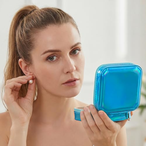 Nosiny 2 Pack Mother's Day Travel Jewelry Box with Mirror Small Laser Jewelry Case Organizer for Women Gift Rings Earrings(Rose Red and Dark Blue) - color: Rose Red and Dark Blue