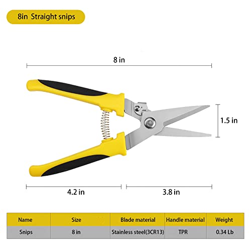 TOOLMAK Aviation Tin Snips Heavy Duty Metal Cutter, Straight Shears with Stainless Steel Blade & Comfort Grips, Multifunction Cutting of Branches, Cable Wires, Thin Iron, Cardboard(Right Hand), 8 Inch - size: 8 Inch Straight Blade