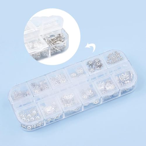 SUNNYCLUE 1 Box 240Pcs 12 Styles Flower Spacer Beads Caps Silver Bead Caps Mixed Tibetan Beads Jewelry Findings for DIY Earring Bracelet Necklace Keyring Making - color: 240pcs Silver