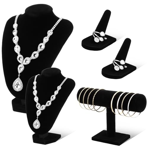 Wenqik 5 Pcs Velvet Jewelry Display Set Necklace Bust Holder T Bar Bracelet Holder Ring Display Stand Jewelry Organizer for Vendors Selling Trade Show Retail Home Decor (Black) - color: Black
