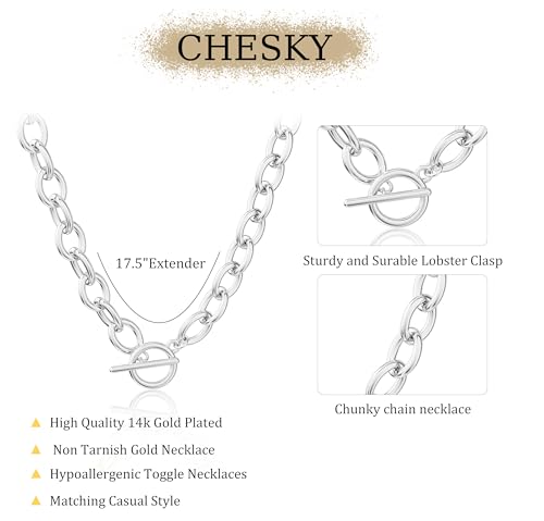 CHESKY 14K Gold Plated Chunky Necklace for Women, Trendy Paperclip Chain Necklace Thick Cross Heart Pendant Necklace Layered Herringbone Cuban Link Chain Toggle Necklaces Non Tarnish Jewelry - color: silver, style: paperclip