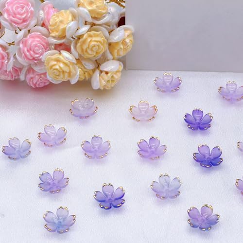 50Pcs Cherry Blossom Acrylic Flower Beads, Mini Floral Spacer Beads for Jewelry Making 5-Petal Gradient Flower Bead Gold-Plated Flowers Bead Charms for Bracelets (Blue-Violet Gradient) - color: Blue-Violet Gradient