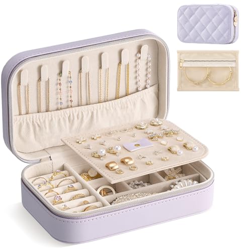 Lolalet Travel Jewelry Case for Women Girls, PU Leather Jewelry Organizer with Clear Storage Bag Small Portable Jewelry Box for Necklace Bracelet Earring Ring Mothers Day Birthday Gifts -Medium/Purple - color: Purple, size: Medium (6.8"W*4.4"D*2.2"H)