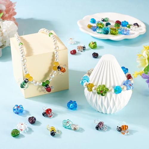 Beadthoven 45pcs Flower Bee Handmade Lampwork Glass Beads 3D Honeybee Rose Floral Glass Bead Charm Spring Summer Bumpy Murano Beads for DIY Earring Bracelet Necklace Jewelry Making - color: Bee Flower