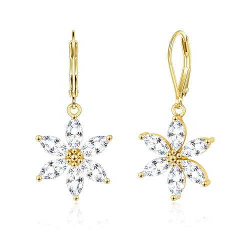 925 Sterling Silver Flower Dangle Earrings for Women, Daisy Flower Dangling Leverback Earrings, Cubic Zirconia Dangly Earring 14k Gold Plated Hypoallergenic CZ Floral Drop Earing for Women Trendy Jewelry Gifts - color: 14K Gold