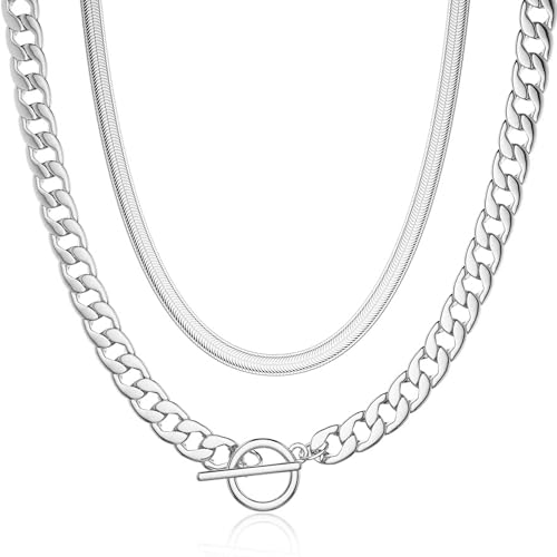 CHESKY 14K Gold Plated Chunky Necklace for Women, Trendy Paperclip Chain Necklace Thick Cross Heart Pendant Necklace Layered Herringbone Cuban Link Chain Toggle Necklaces Non Tarnish Jewelry - color: silver, style: cuban+herringbone