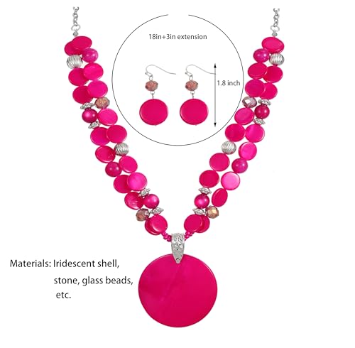 Layered Beads Statement Fashion Necklace Chunky Jewelry Set Big Colorful Glass Stone Circle Shell Pendant Choker Necklace and Earring Set for Women - color: fuchsia pink