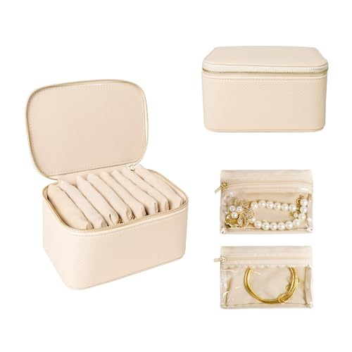 Travel Jewelry Case, Small Travel Jewelry Box with 8 Velvet Jewelry Bag Mini Pouch, Portable Travel Jewelry Organizer for Rings Earrings Necklaces (Beige 8 Pcs) - color: Beige 8 Pcs