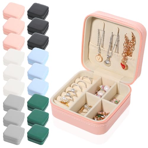 18 Pcs Travel Jewelry Case, 3.9 x 3.9 x 1.96 Inch Small Jewelry Storage Box PU Leather Portable Earring Organizer Box for Jewellery, Ring, Earring, Necklace (6 Colors)