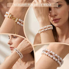 Double Layer Pearl Heart Bracelets for Women, Cubic Zirconia Charm Jewelry, Adjustable Gold Silver Stackable Bracelet Jewelry Set Birthday Gift for Mom Daughter Wife - color: Gold-Pink