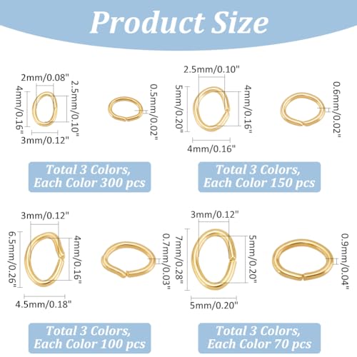 PH PandaHall 1860pcs 3 Colors Oval Jump Rings, 4x3mm 5x4mm 6.5x4.5mm 7x5mm Iron Open Rings Connectors Jewelry Findings for Earring Bracelet Necklace DIY, Antique Bronze/Golden/Silver