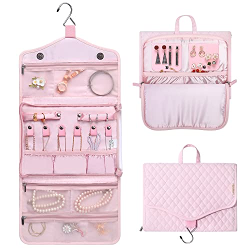 MOSISO Hanging Travel Jewelry Organizer Case, Foldable Portable Jewelry Organizer Bag with Hook & Handle for Necklace, Earrings, Rings, Bracelets and Daily Jewelries Carrying, Pink