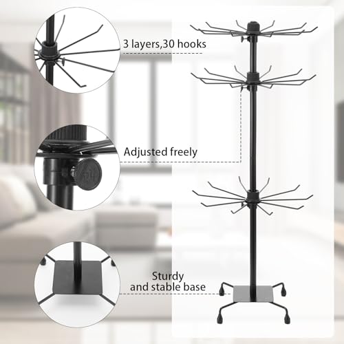 Kifmurase 2PCS Rotating Display Stand Metal Spinner Display Rack with Hooks Adjustable Height Holders for Earrings Necklace Key Rings, 3 Tiers Retail Vendor Jewelry Display Rack(Black)