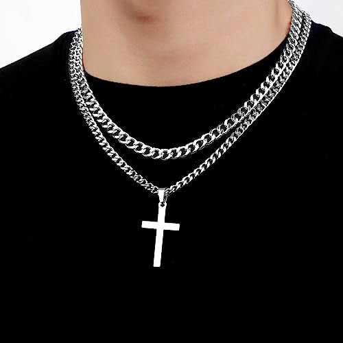 SENRAN Layered Cross Necklace for Men Boys Stainless Steel Layered Cuban Link Chain 16-24 inch Christian Cross Pendant Religious Jewelry Gifts - color: Silver, style: 20inch/22inch
