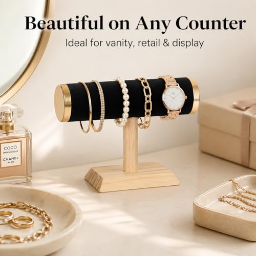 Wooden Watches Display tower Base Watch Necklace Bracelet Organizer Rack Bangle Scrunchie Headband Showcase tower (Velvet Round Black, 1-tiered) - color: Round Velvet Black