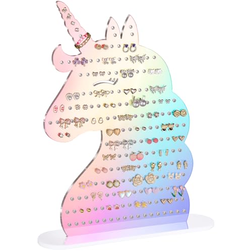 NiHome Acrylic Unicorn Earring Holder with 214 Holes for 80–107 Pairs, Colorful Smiling Unicorn Jewelry Display Stand for Teens & Women,Stud & Dangle Earring Organizer with Anti-Slip Pads(Iridescent) - color: Iridescent