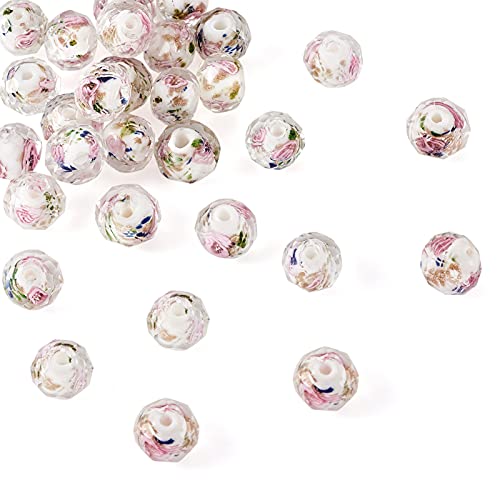 Elecrelive 60Pcs Gold Sand Lampwork Beads White Rondelle Flower Glass Beads 10mm Floral Crystals for DIY Bracelet Necklace Earring Jewelry Making - color: White