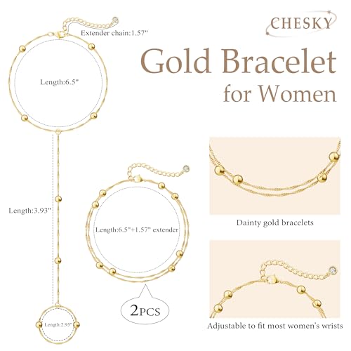 CHESKY 14K Gold Plated Hand Chain Bracelets for Women Set - Dainty Finger Ring Bracelet Stack Adjustable Hand Chains Durable Beaded Bracelets Trendy Simple Body Jewelry Gift for Women - style: 3beads bracelet-gold