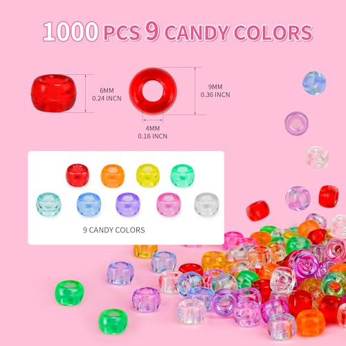 Transparent Pony Beads 1000+pcs Mix Color Plastic Bead, Crystal Beads Bulk, Kandi Bead Refill for Crafts - color: Crystal Clear