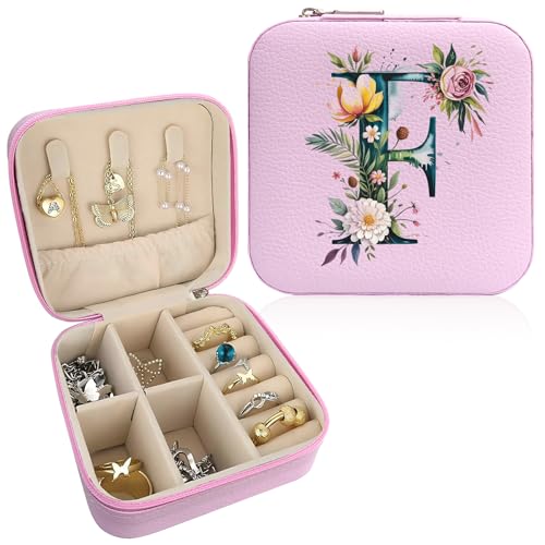 Monogram Jewelry Box Portable Print Jewelry Box, 1pcs Pink Compact Jewelry Box Travel Jewelry Case Travel Case Organizer Bag Storage Box Jewelry Holder For Necklace Earrings Rings Bracelet (Letter F) - color: Letter F