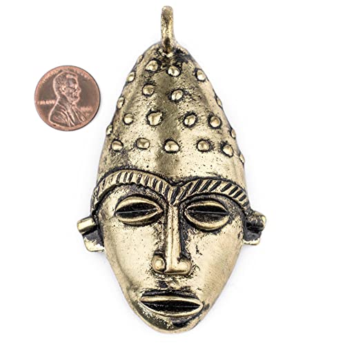 TheBeadChest Elongated African Brass Mask Pendant (50x90mm): Genuine West African Mask Design for DIY Jewelry & Necklaces - color: Brass, size: Large Elongated (50x90mm)