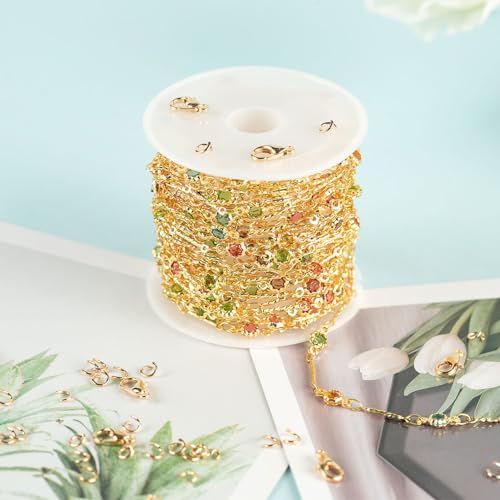 YOUBEIYEE 16.4 Feet Colorful Crystal Chain for Jewelry Making 18K Gold Plated Brass Jewelry Chains Bulk Light Gold Bar Chain Link Necklace Bracelet DIY for Women - color: Rhinestone
