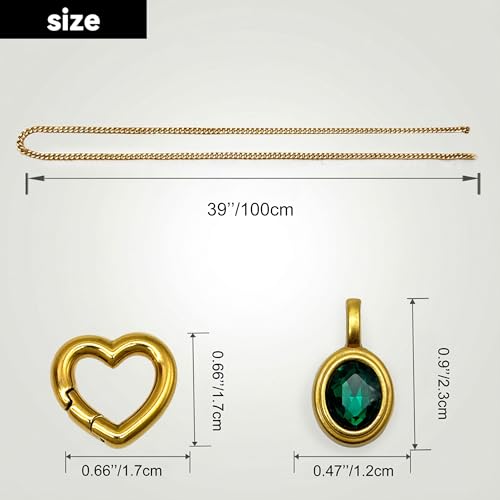 Heart Slip Chain Necklace for Women, 39 Inch Cuban Chain, Removable Heart O-Ring, Crystal Pendant, Adjustable Stainless Steel Y-Necklace - color: Gold-Green