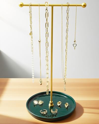 VROOMIUM Necklace Holder Stand - 6in Ceramic Base X 1ft Height, Aesthetic Decor for Bedroom, Jewelry Organizer for Necklace, Bracelets, Rings, Exhibidor de Collares- Elegant Green - color: Elegant Green