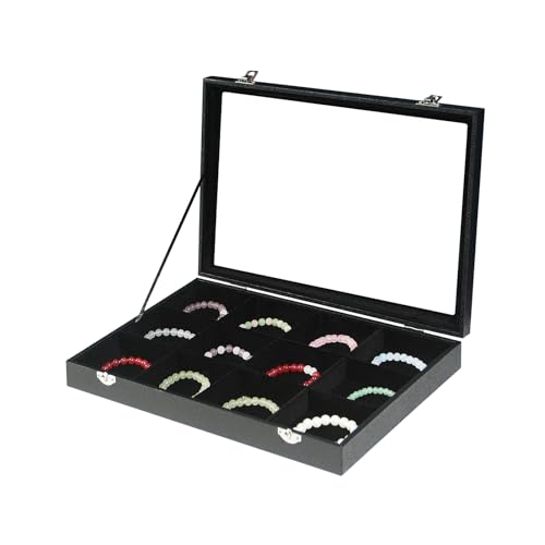 Coward Jewelry Organizer Box, Black Velvet 12 Grids Bracelet Bangle Necklace Jewelry Display Tray Case with Transparent Glass Lid for Home Drawer Desk or Store Selling Show - color: Black Velvet, size: 12Grids Box