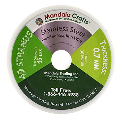 Mandala Crafts 49 Strand Beading Wire for Jewelry Making - 98 FT 21 Gauge Stainless Steel Braided Tiger Tail Wire for Bead Stringing - size: 49 Strands 21 Gauge 0.7MM 98FT