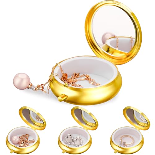Mini Travel Jewelry Box with Built-In Mirror, Ultra-Portable Jewelry Holder for Rings, Necklaces, Earrings, Pills, Tea Bags, Small Accessories, Press-to-Open Multifunctional Storage (Gold) - color: Gold without Clasp