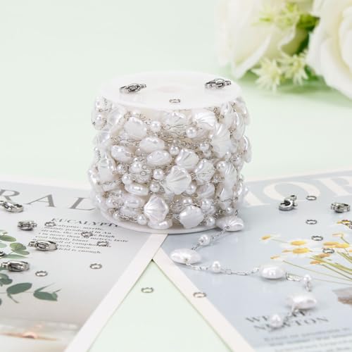 KYUNHOO 16.4 Feet Silver Chains for Jewelry Making Artificial Pearl Bead Chain on Spool with Lobster Clasps and Jump Rings - color: Shell Silver