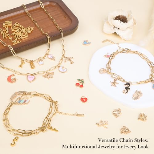 18K Gold Chain for Jewelry Making – Stainless Steel Paperclip Chain, 16.6 Feet DIY Bracelet Necklace Kit with 100 Jump Rings, 50 Clasps, 26 Letter Pendants & 30 Colorful Charms - color: 18K Gold Stainless Steel Paperclip Chain 16.6 Feet