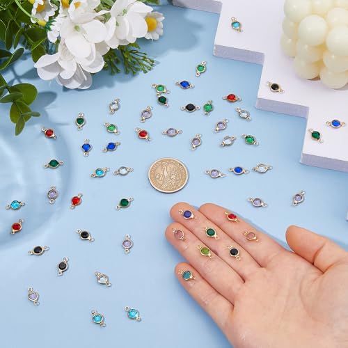 48Pcs Rhinestone Connector Charms 8 Colors Flat Round Stainless Steel Link Charms Crystal Glass Linking Pendant for Jewelry Necklace Bracelets Earrings Making DIY Crafts