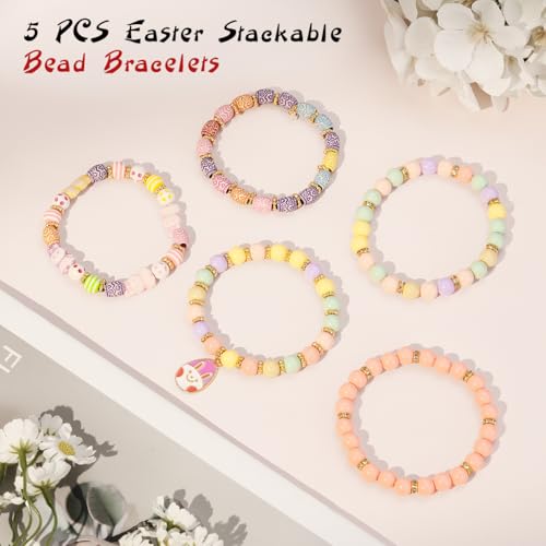 Emibele Colorful Stretch Bracelet Stack Boho Beaded Bracelet Set Heishi Surfer Bracelet Stackable Y2K Trendy Jewelry Friendship Multiple Set Women Fans - style: Colorful Easter 5PCS