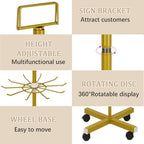 Retail Display Stand 5 Tier Metal Spinning Display Rack with Wheels Keychain Jewelry Stocking Hat Display Stand with Hooks for Malls, Showroom, Retail Store (Gold) - color: Gold