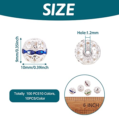 Craftdady 100pcs Alloy Rhinestone Disco Ball Rondelle Loose Spacer Beads 10mm Round Hollow Crystal Rhinestone Bracelet Connector Beads for Necklace Earring Jewelry Craft - color: Mixed Color-10mm