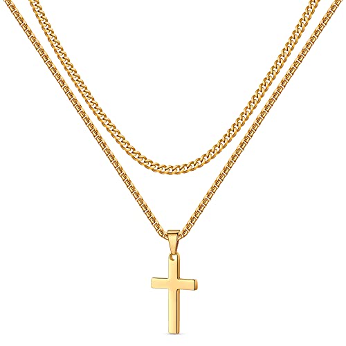 LUXEJEW Cross Necklace for Men Boys - Gold Silver Black Stainless Steel Cross Pendant Necklaces Layered Cuban Link Chain Necklace Jewelry Gifts 16 18 20 22 24 Inches - color: Gold, size: 16in/18in, style: Style A-Small Pendant