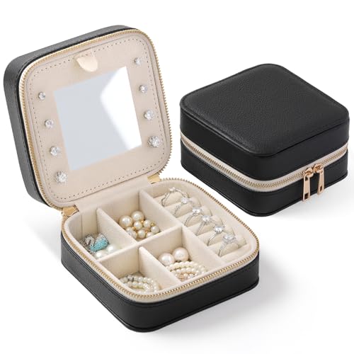 Genuine Leather Travel Jewelry Organizer Case with Mirror for Women, Small Mini Portable Jewelry Box for Ring Earrings Necklace Bracelet Luxury Gift for Women（Black） - color: Lychee Grain Leather Black