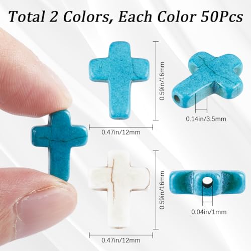 SUNNYCLUE 1 Box 100Pcs Cross Beads Bulk White Blue Synthetic Turquoise Stone Beads Easter Holiday Pocket Crosses 16x12mm Mini Small Loose Spacer Cross Beads for Jewelry Making DIY Beading Supplies - color: 100pcs 12x16mm White Blue Cross Beads