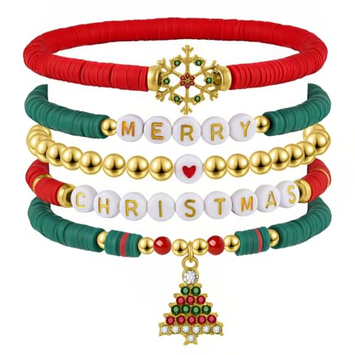 Emibele Colorful Stretch Bracelet Stack Boho Beaded Bracelet Set Heishi Surfer Bracelet Stackable Y2K Trendy Jewelry Friendship Multiple Set Women Fans - style: Red & Green 5PCS