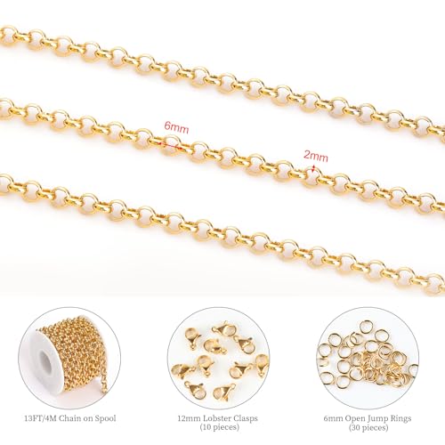 KYUNHOO 13 Feet/4M Gold Plated Chain for Jewelry Making 6mm Round Circle Chain Link on Spool Stainless Steel Chain Roll for Handcraft Making Supply Jewelry Findings - color: Gold Circle