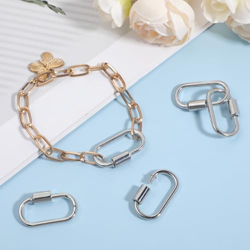 10pcs Screw Carabiner Lock Charms, Silver Necklace Lock Clip Keychain Clip Hook Metal Oval Keyring Holder Clasp for DIY Necklace Bracelets Jewelry Making, 2.5x1.5cm - color: Silver