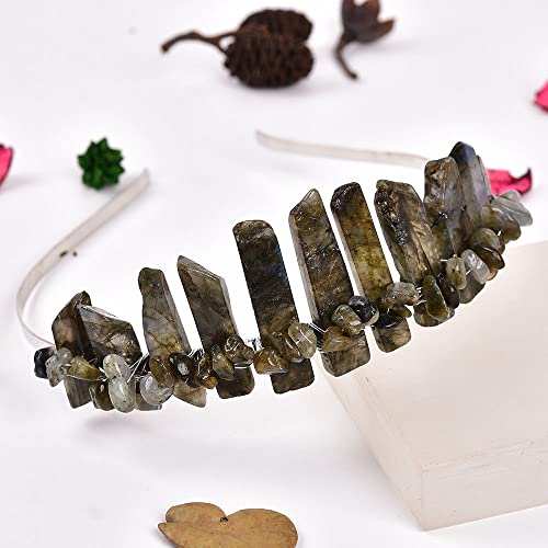 JIC Gem Labradorite Crystal Crown Raw Quartz Headband Handmade Tiara Natural Stone Headpiece Women Girls for Wedding Parties - color: Labradorite