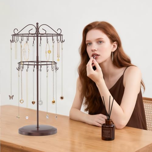 iDavosic.ly 2 Tier Rotating Necklace Holder Organizer with 42 Hooks, Adjustable Metal Bracelet Display Stand Rack, Extra Tall Keychain Spinning Tree Tower for Women, Espresso Brown - color: Satin Espresso