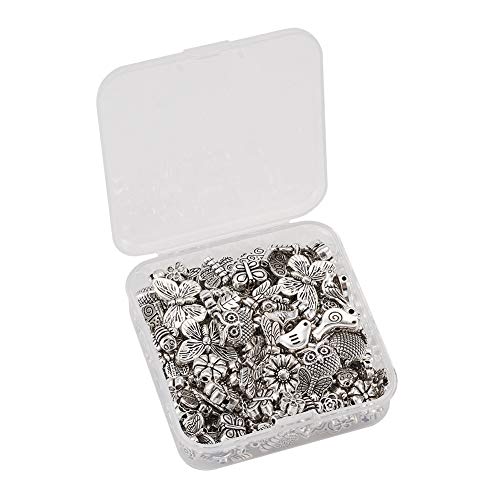 Beadthoven 150pcs/box Tibetan Silver Butterfly Flower Spacer Beads Owl Bird Dragonfly Bees Loose Beads Charms with 1-2mm Hole for Jewelry Crafts Making - color: Antique Silver-Butterfly-15 Style
